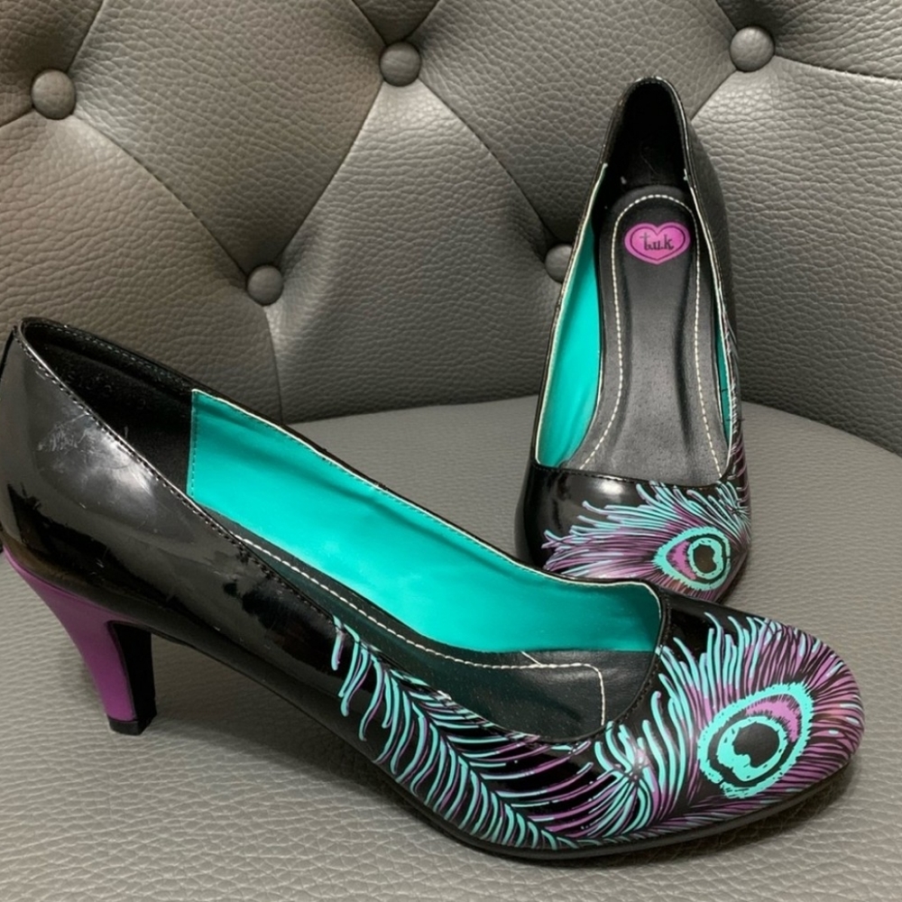 TUK Peacock Feather Vegan Pump Heels 10 - fit like 9.5